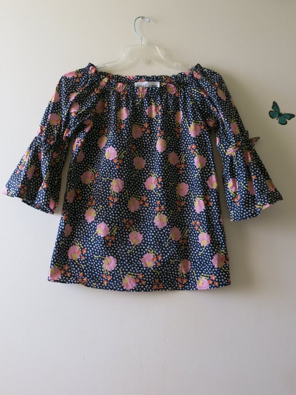 Sara Campbell Asymetrical Polka Dots Floral Bell Sleeve Romantic Top Size XS